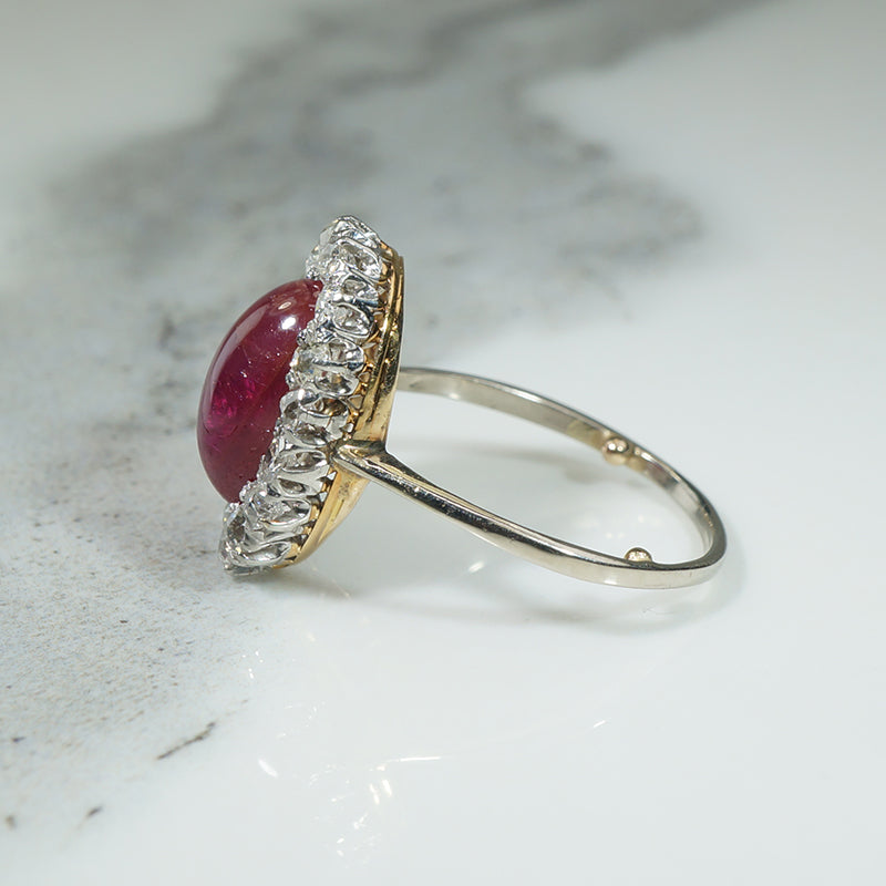 Magnificent Ruby Cabochon in Diamond Halo Ring