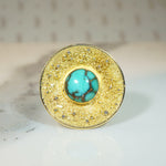 Fascinating Turquoise & Granulated Gold Mid Century Ring