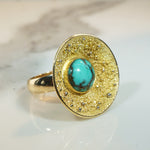 Fascinating Turquoise & Granulated Gold Mid Century Ring