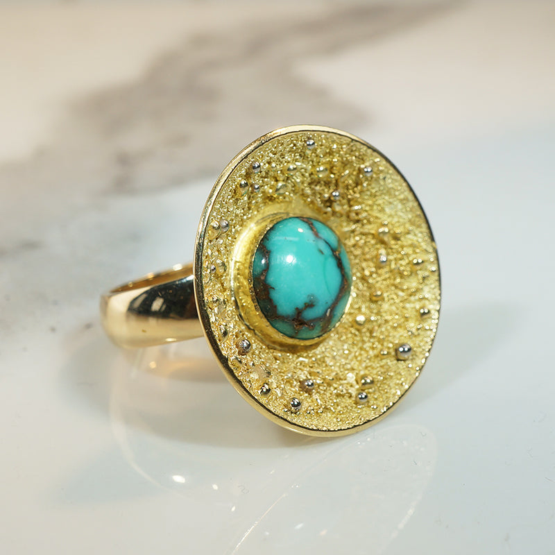 Fascinating Turquoise & Granulated Gold Mid Century Ring