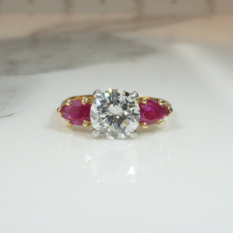 Old European Cut Diamond and Ruby Gold and Platinum Engagement Ring