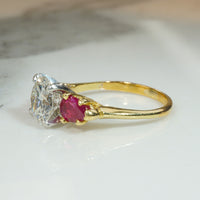 Old European Cut Diamond and Ruby Gold and Platinum Engagement Ring