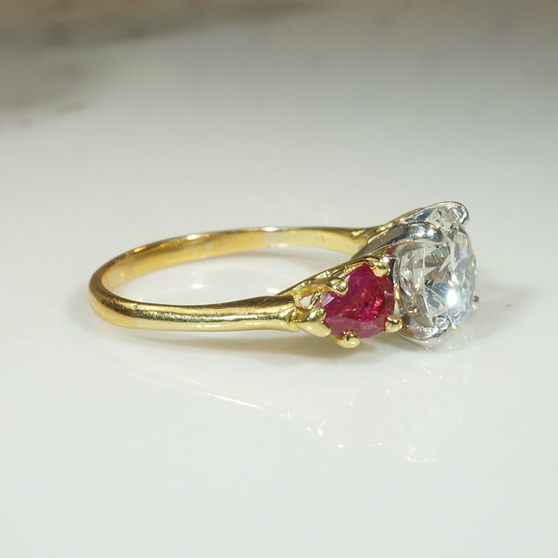 Old European Cut Diamond and Ruby Gold and Platinum Engagement Ring
