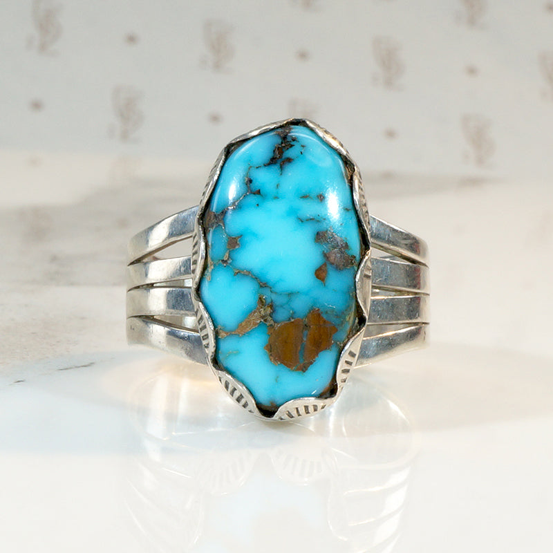 Gorgeous Turquoise & Sterling Ring with Rocker Stamps