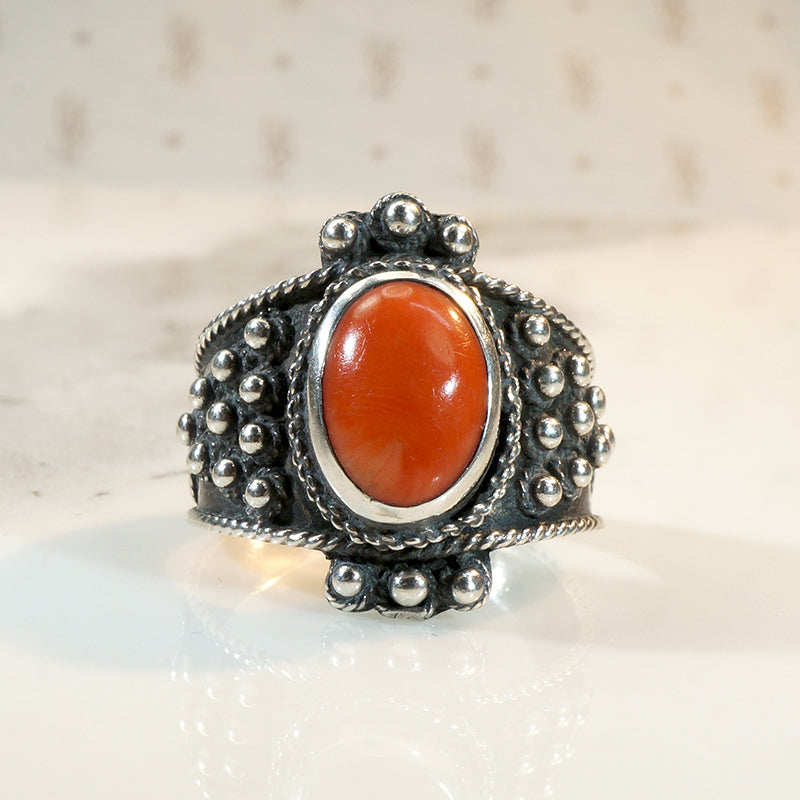 Fiery Red Coral in Ornate Sterling Ring