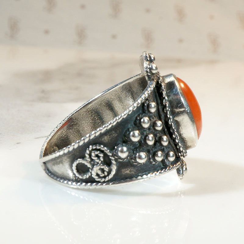 Fiery Red Coral in Ornate Sterling Ring