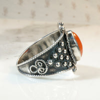 Fiery Red Coral in Ornate Sterling Ring