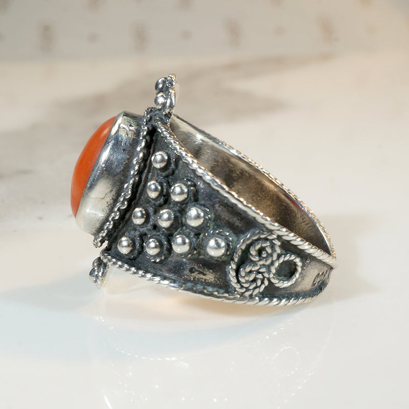 Fiery Red Coral in Ornate Sterling Ring
