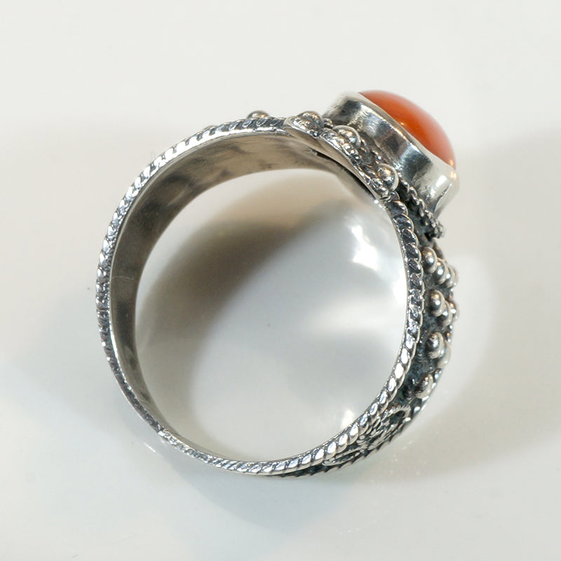 Fiery Red Coral in Ornate Sterling Ring