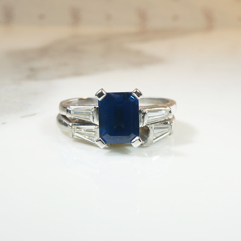 Sapphire and Diamond Platinum Engagement Ring and Band