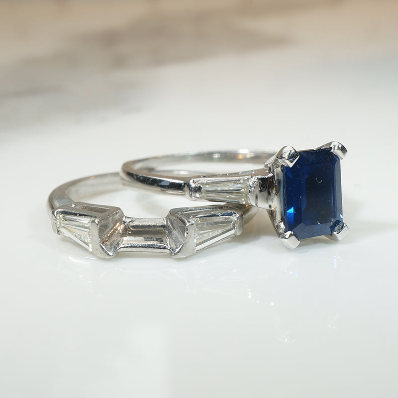 Sapphire and Diamond Platinum Engagement Ring and Band
