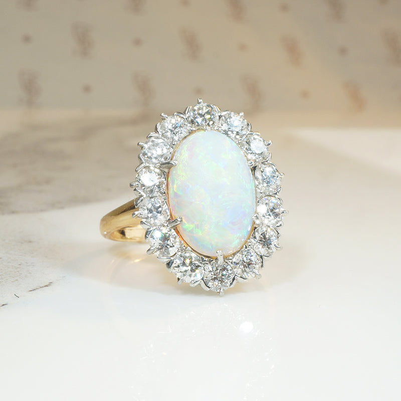 Shimmering Antique Opal and Old Euro Cut Diamond Halo Ring