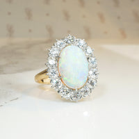 Shimmering Antique Opal and Old Euro Cut Diamond Halo Ring