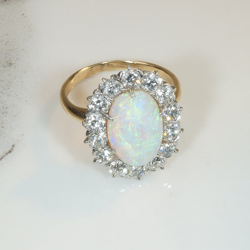 Shimmering Antique Opal and Old Euro Cut Diamond Halo Ring