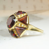 Garnet and Pearl Star Ring 18k Yellow Gold
