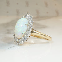 Shimmering Antique Opal and Old Euro Cut Diamond Halo Ring