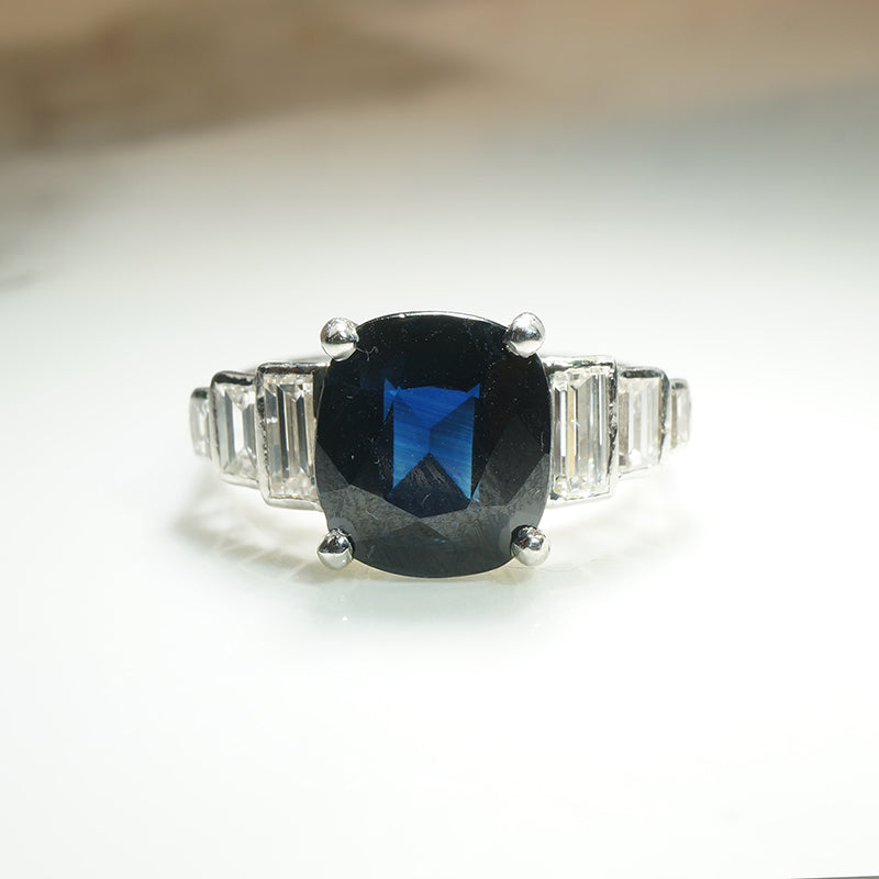 Vintage Cushion Cut Sapphire and Baguete Diamond Ring