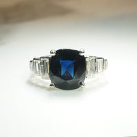 Vintage Cushion Cut Sapphire and Baguete Diamond Ring