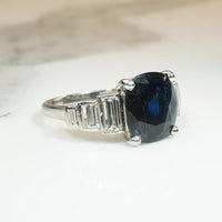 Vintage Cushion Cut Sapphire and Baguete Diamond Ring