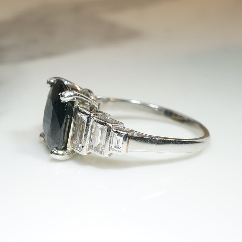 Vintage Cushion Cut Sapphire and Baguete Diamond Ring