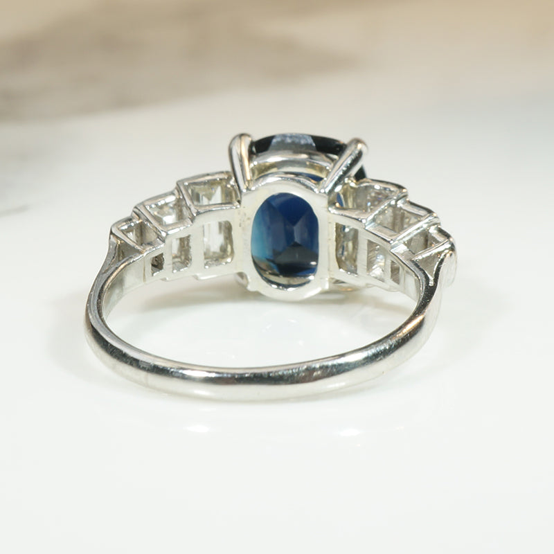 Vintage Cushion Cut Sapphire and Baguete Diamond Ring