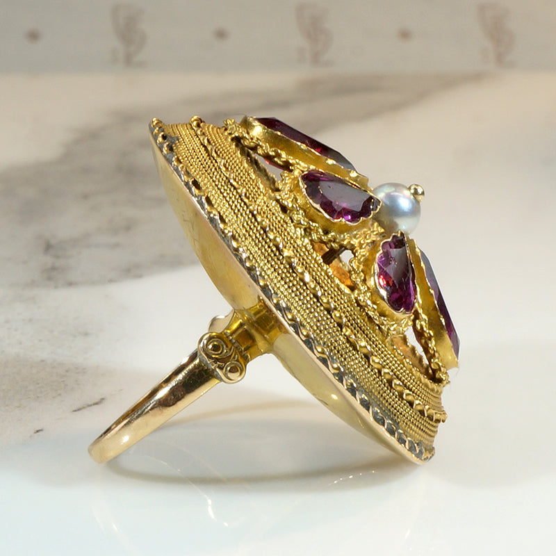 Gorgeous Georgian Garnet & Gold Cannetille Dome Ring