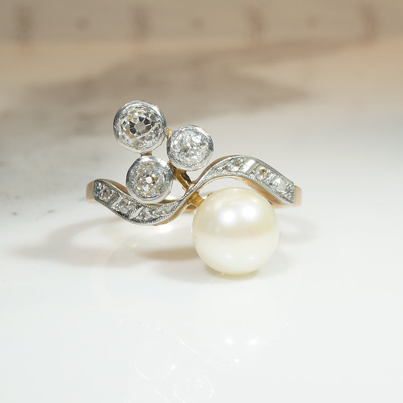 Antique Rose & Old Mine Cut Diamonds and Pearl Ring
