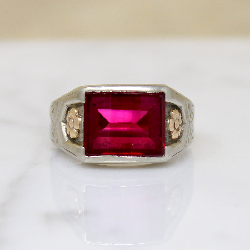Cheerful Synthetic Ruby in Two-Tone Signet Ring