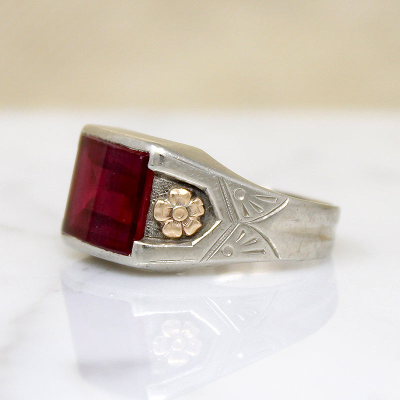 Cheerful Synthetic Ruby in Two-Tone Signet Ring