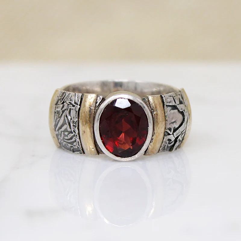 Heavy Silver Band with Garnet & Interesting Details