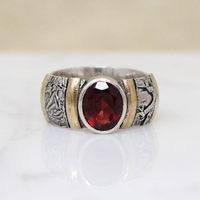 Heavy Silver Band with Garnet & Interesting Details