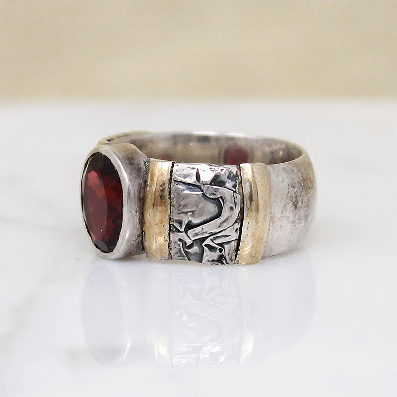 Heavy Silver Band with Garnet & Interesting Details