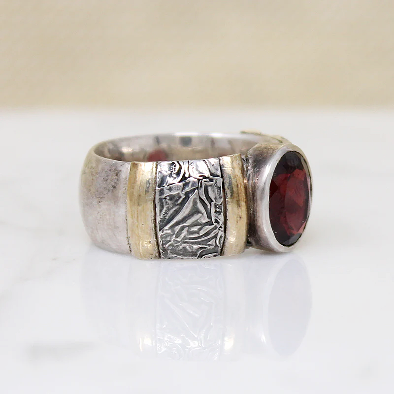 Heavy Silver Band with Garnet & Interesting Details