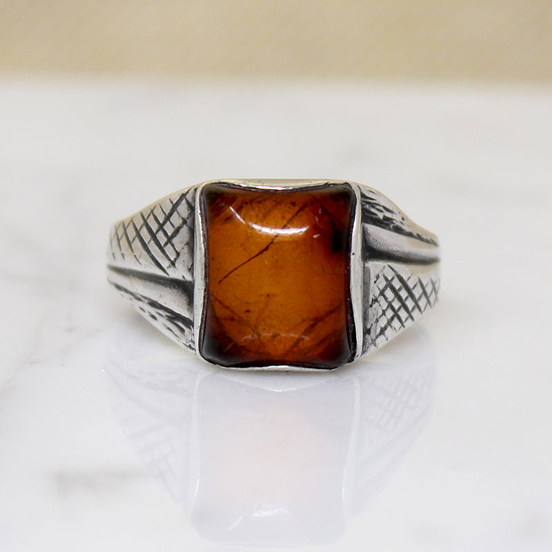 Amber Cushion in Engraved Sterling Ring