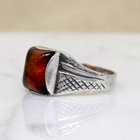 Amber Cushion in Engraved Sterling Ring