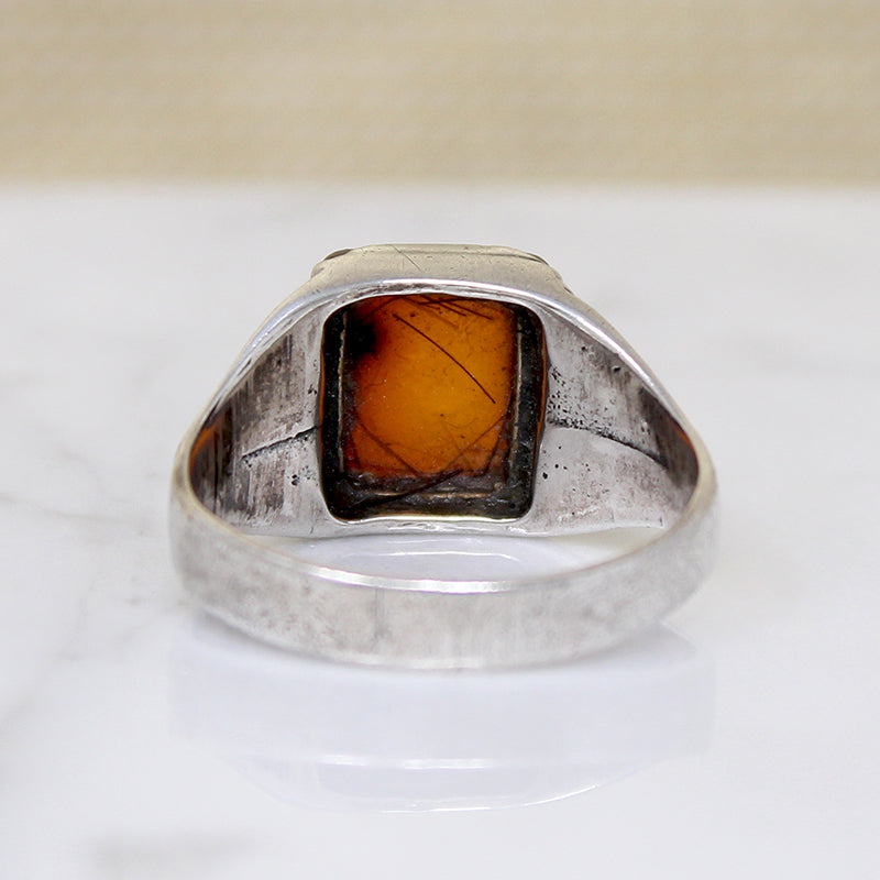 Amber Cushion in Engraved Sterling Ring