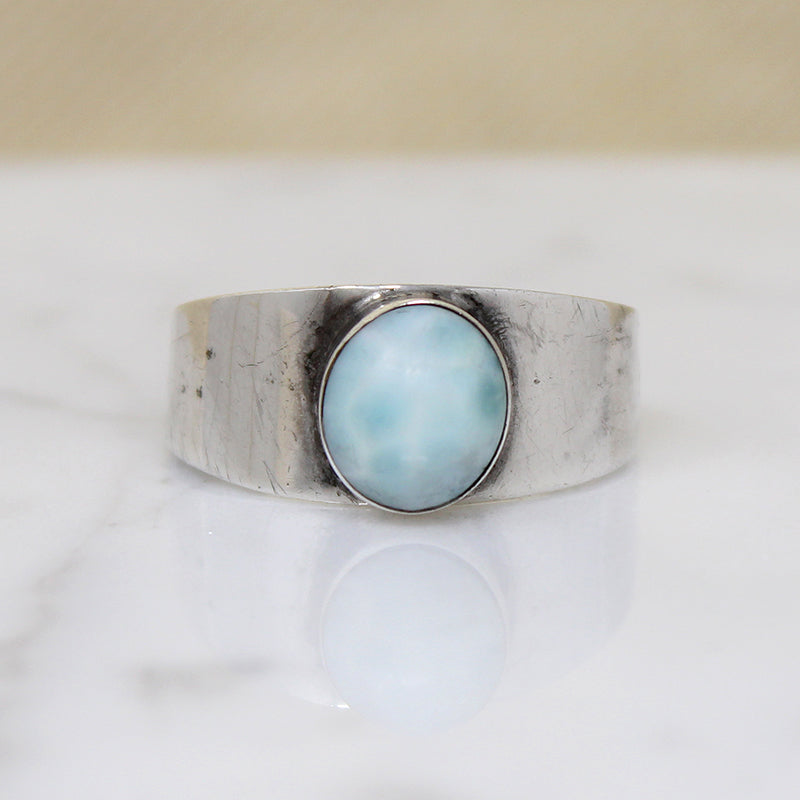 Modernist Silver Band with Cool Blue Art Glass