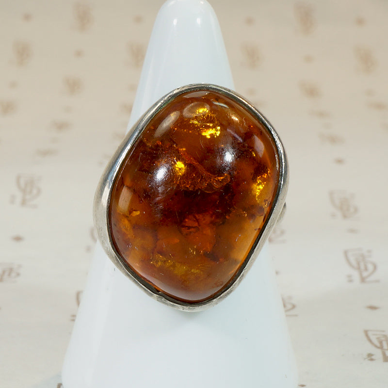 Chunky Amber Cabochon in Silver Brutalist Ring