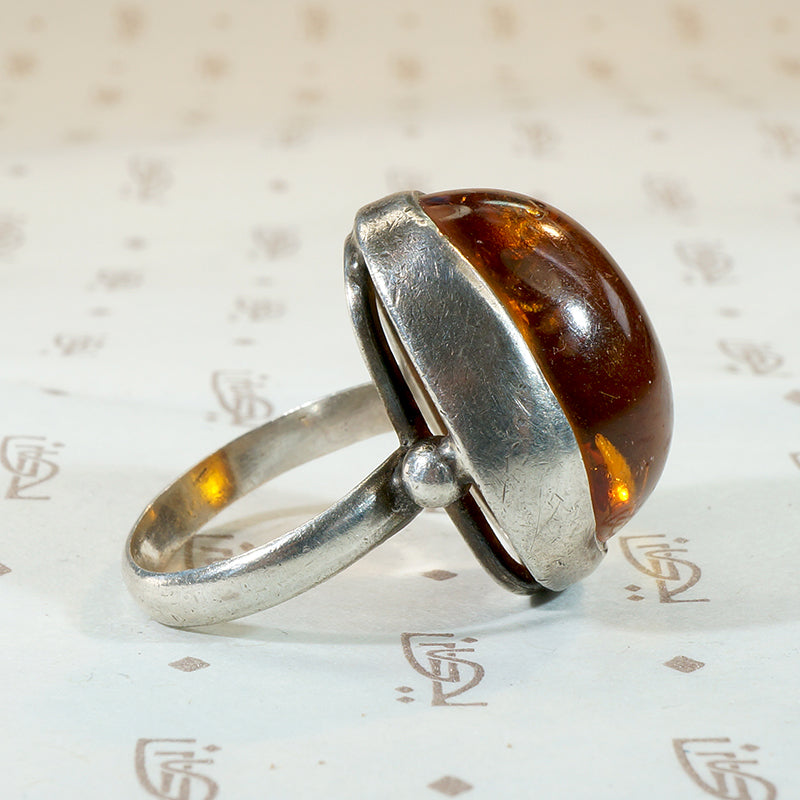 Chunky Amber Cabochon in Silver Brutalist Ring