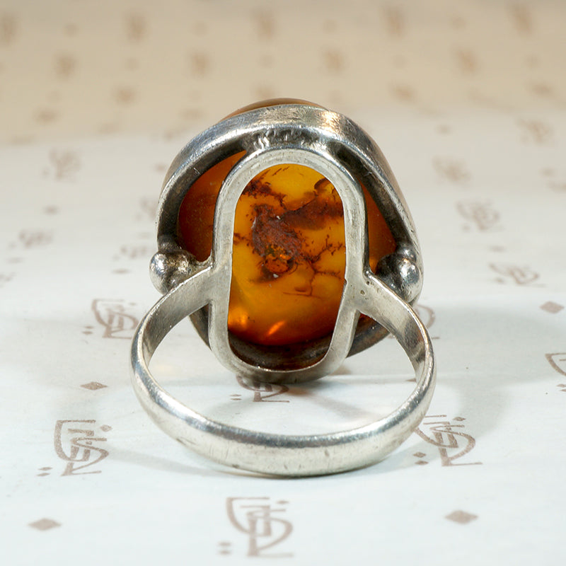 Chunky Amber Cabochon in Silver Brutalist Ring