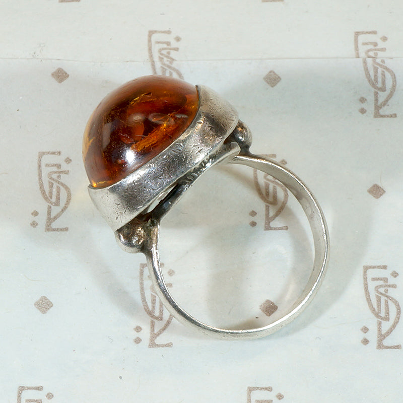 Chunky Amber Cabochon in Silver Brutalist Ring