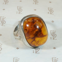 Chunky Amber Cabochon in Silver Brutalist Ring