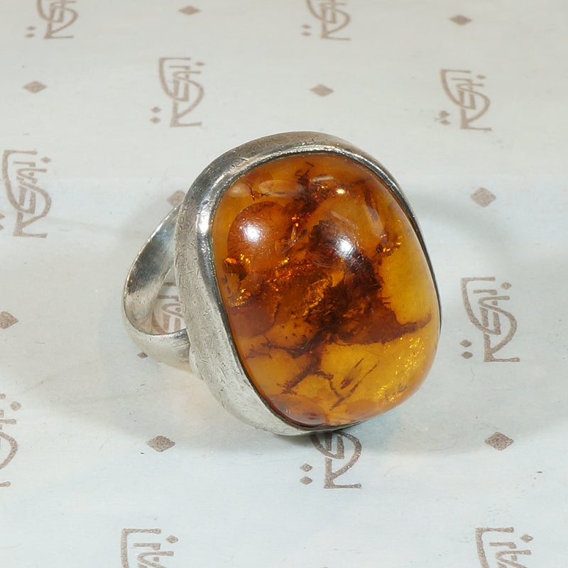 Chunky Amber Cabochon in Silver Brutalist Ring