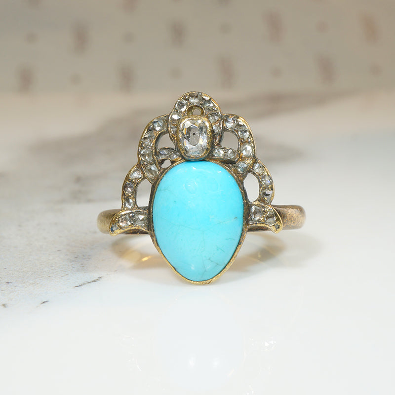 Georgian Turquoise & Old Mine Cut Diamond Crown Ring