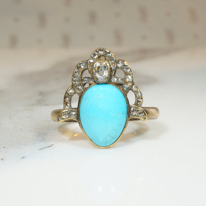 Georgian Turquoise & Old Mine Cut Diamond Crown Ring