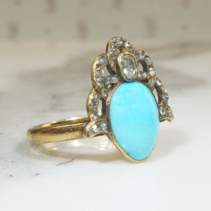 Georgian Turquoise & Diamond Crown Ring