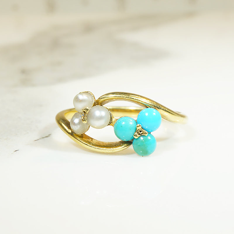 Turquoise & Pearl Sweet Clover Victorian Bypass Ring