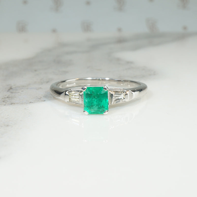 Fresh Green Emerald Engagement Ring with Baguette Accents