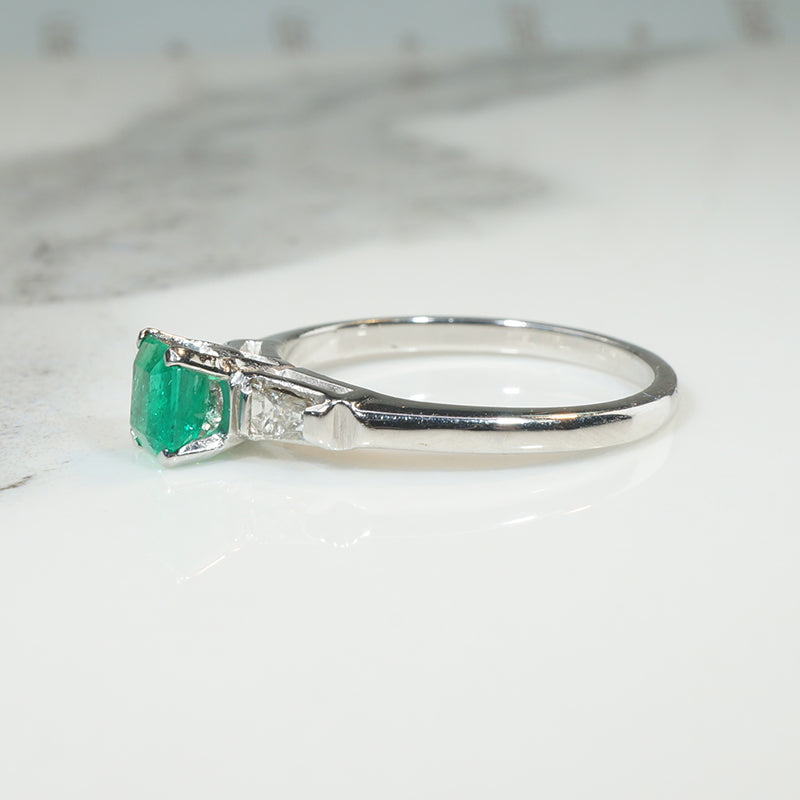 Fresh Green Emerald Engagement Ring with Baguette Accents