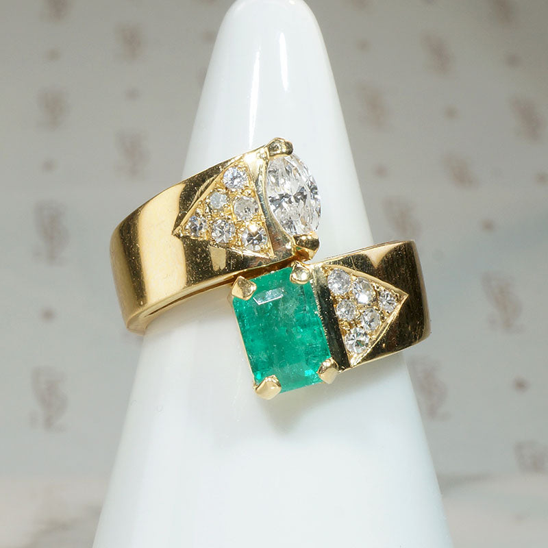 Marquise Diamond & Emerald 18k Gold Bypass Ring